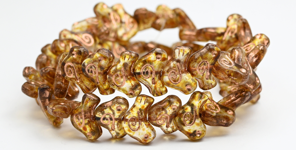 Folklore Bird Pressed Beads, Crystal Travertin Copper Lined (1612-00030-86-54200), Glass, Czech Republic ~ STRANDED