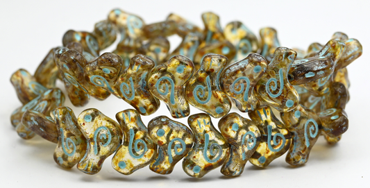Folklore Bird Pressed Beads, Crystal Travertin Light Blue Lined (1612-00030-86-54308), Glass, Czech Republic ~ STRANDED
