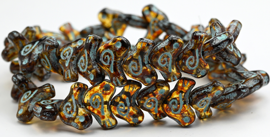 Folklore Bird Pressed Beads, Transparent Light Topaz Yellow Travertin Light Blue Lined (1612-10020-86-54308), Glass, Czech Republic ~ STRANDED