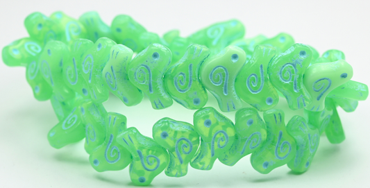 Folklore Bird Pressed Beads, Opal Green Light Blue Lined (1612-51000-54308), Glass, Czech Republic ~ STRANDED