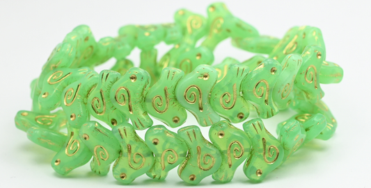 Folklore Bird Pressed Beads, Opal Green Gold Lined (1612-51000-54202), Glass, Czech Republic ~ STRANDED