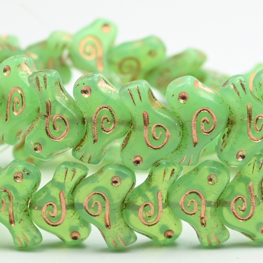 Folklore Bird Pressed Beads, Opal Green Copper Lined (1612-51000-54200), Glass, Czech Republic ~ STRANDED