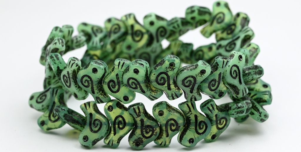 Folklore Bird Pressed Beads, Opal Green Black Lined (1612-51000-46769), Glass, Czech Republic ~ STRANDED