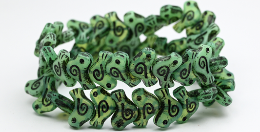 Folklore Bird Pressed Beads, Opal Green Black Lined (1612-51000-46769), Glass, Czech Republic ~ STRANDED