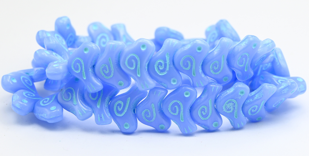 Folklore Bird Pressed Beads, Opaque Light Blue Light Blue Lined (1612-33010-54308), Glass, Czech Republic ~ STRANDED