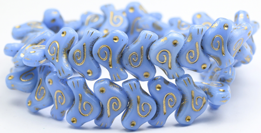 Folklore Bird Pressed Beads, Opaque Light Blue Gold Lined (1612-33010-54202), Glass, Czech Republic ~ STRANDED