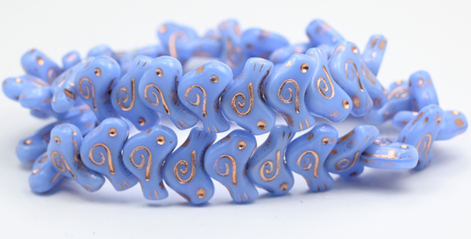 Folklore Bird Pressed Beads, Opaque Light Blue Copper Lined (1612-33010-54200), Glass, Czech Republic ~ STRANDED