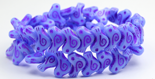 Folklore Bird Pressed Beads, Opaque Light Blue Purple Lined (1612-33010-46420), Glass, Czech Republic ~ STRANDED