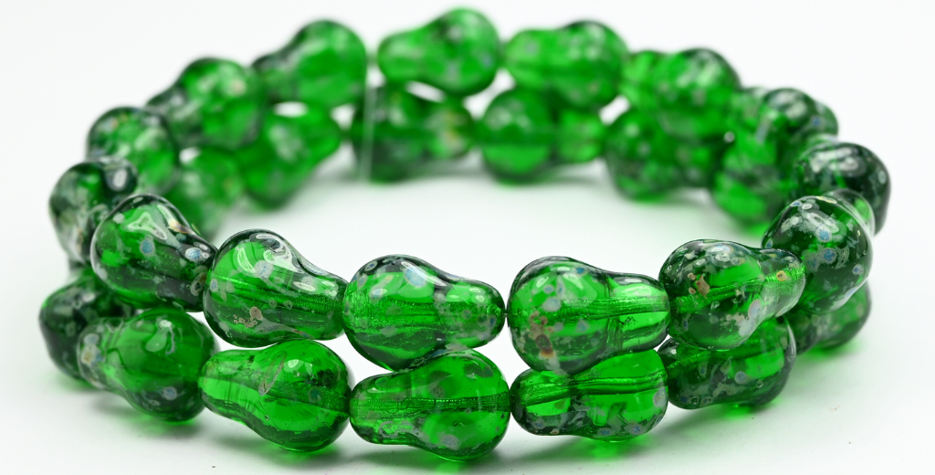 Pear Fruit Pressed Glass Beads, Transparent Green Travertin (50130-86800), Glass, Czech Republic ~ STRANDED