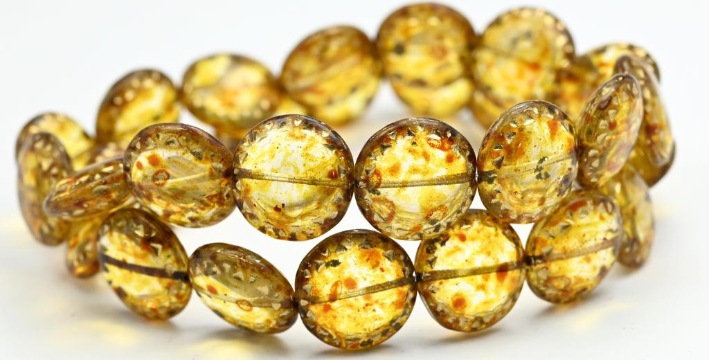 Flat Round Pressed Glass Beads With Ornament, Crystal Travertin (00030-86800), Glass, Czech Republic ~ STRANDED