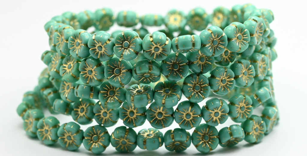 Hawaii Flower Pressed Glass Beads, Opaque Green Gold Lined (53130-54202), Glass, Czech Republic ~ STRANDED