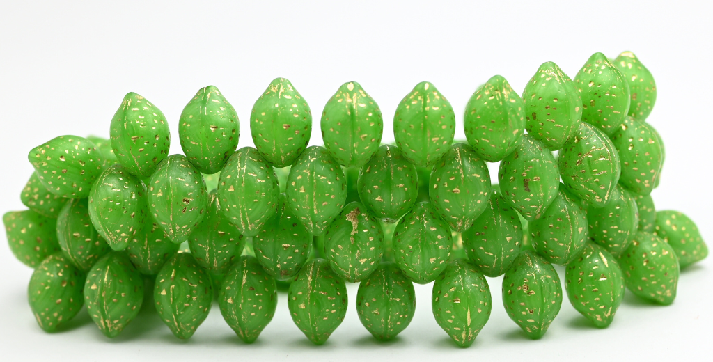 Lemon Friut Pressed Glass Beads, Opal Green Gold Lined (51010-54202), Glass, Czech Republic ~ STRANDED