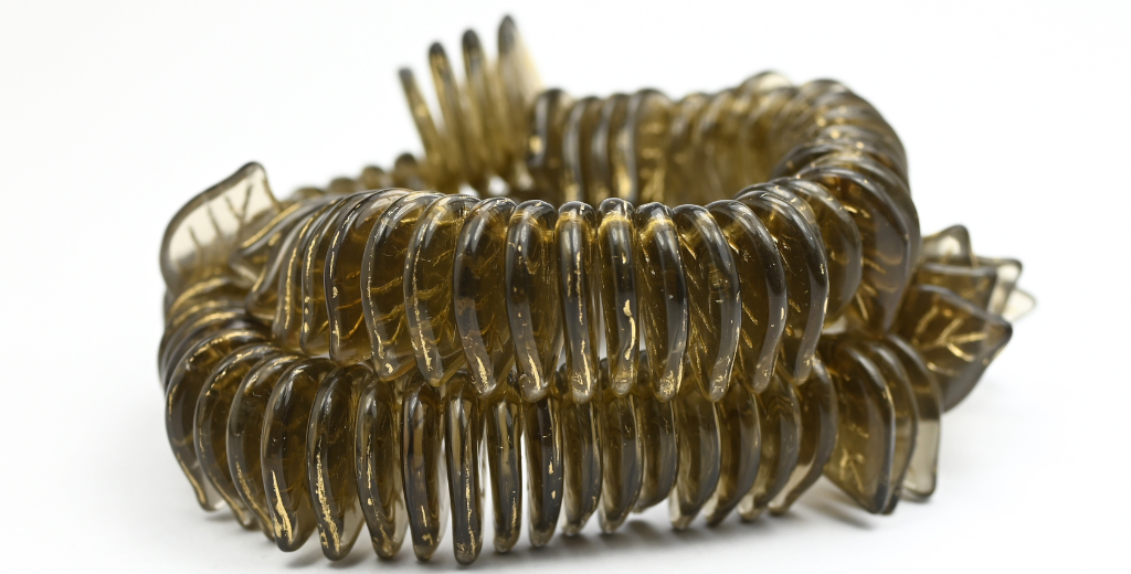 Leaf Pressed Glass Beads, Transparent Gray Gold Lined (40020-54202), Glass, Czech Republic ~ STRANDED