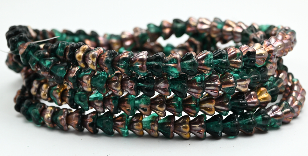Bell Flower Pressed Glass Beads, Transparent Aqua Rose Gold Capri (60200-27101), Glass, Czech Republic ~ STRANDED