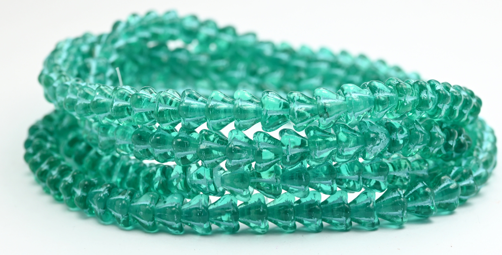 Bell Flower Pressed Glass Beads, Transparent Aqua Light Blue Lined (60200-54308), Glass, Czech Republic ~ STRANDED
