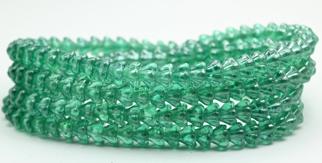 Bell Flower Pressed Glass Beads, Transparent Aqua Hematite (60200-14400), Glass, Czech Republic ~ STRANDED