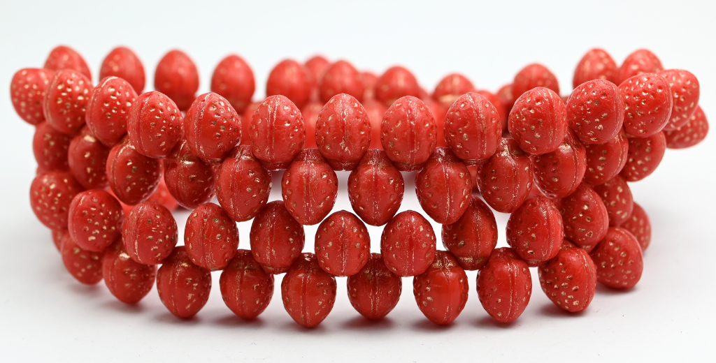 Strawberry Friut Pressed Glass Beads, Opal Red Copper Lined (91240-54200), Glass, Czech Republic ~ STRANDED