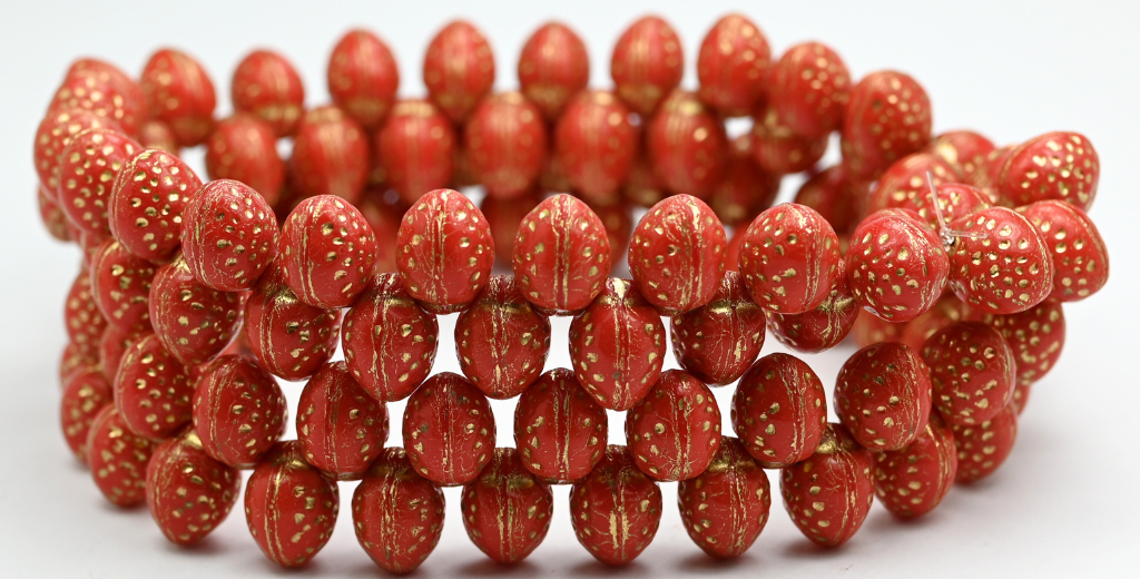 Strawberry Friut Pressed Glass Beads, Opal Red Gold Lined (91240-54202), Glass, Czech Republic ~ STRANDED