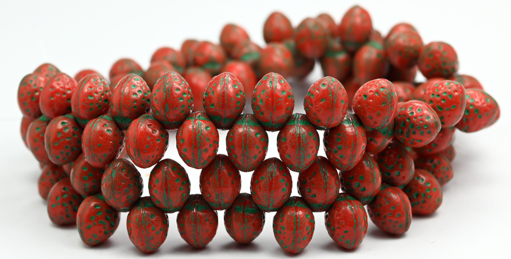 Strawberry Friut Pressed Glass Beads, Opal Red Green Lined (91240-46450), Glass, Czech Republic ~ STRANDED