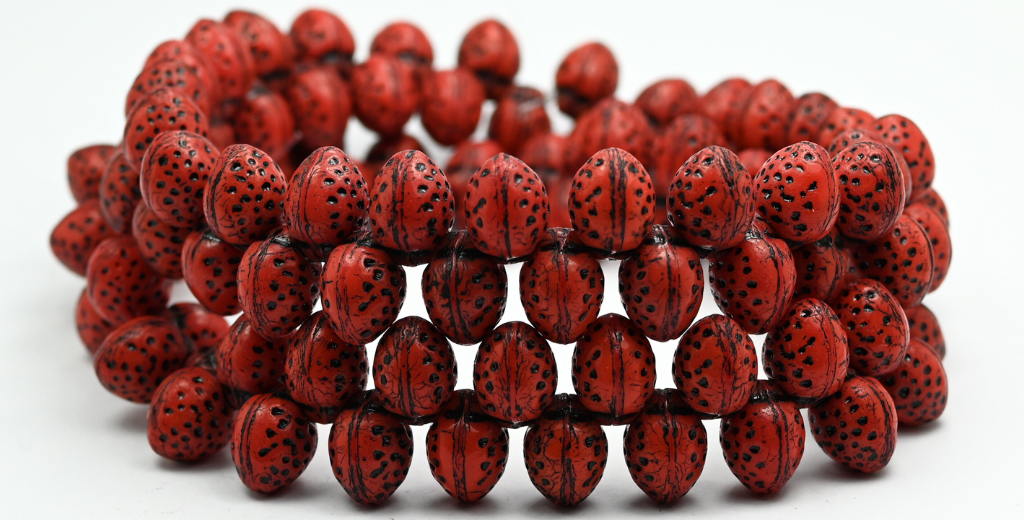 Strawberry Friut Pressed Glass Beads, Opal Red Black Lined (91240-46769), Glass, Czech Republic ~ STRANDED