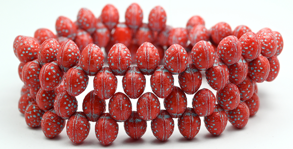 Strawberry Friut Pressed Glass Beads, Opal Red Light Blue Lined (91240-54308), Glass, Czech Republic ~ STRANDED