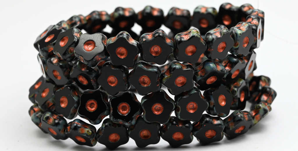 Table Cut Flower Beads With Dot, Black Travertin Copper Lined (23980-86-55307), Glass, Czech Republic ~ STRANDED