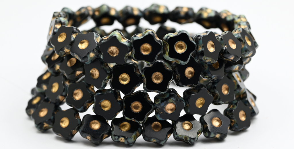 Table Cut Flower Beads With Dot, Black Travertin Gold Lined (23980-86-54202), Glass, Czech Republic ~ STRANDED