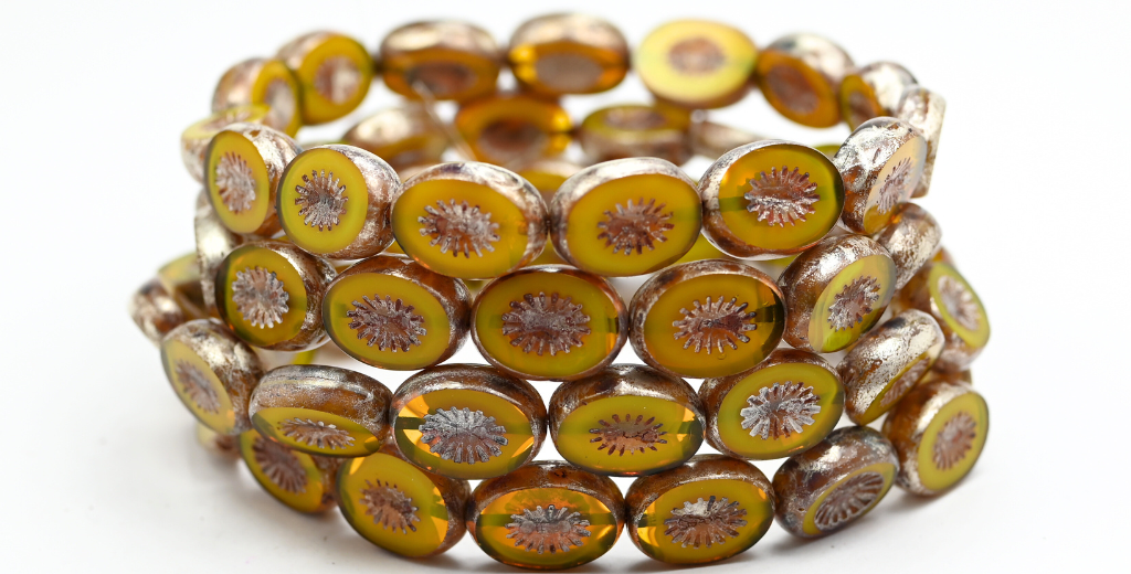 Table Cut Oval Beads Kiwi, Opal Yellow Silver Splash (81210-86700), Glass, Czech Republic ~ STRANDED