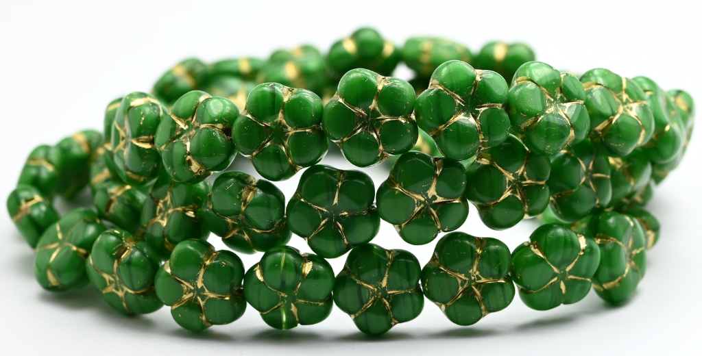 5-Petal Flower Pressed Beads, Mixed Emerald Crystal Gold Lined (56100-54202), Glass, Czech Republic ~ STRANDED