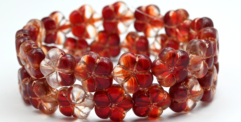 5-Petal Flower Pressed Beads, Orange Copper Lined (96028S-54200), Glass, Czech Republic ~ STRANDED