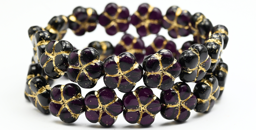 5-Petal Flower Pressed Beads, Black Gold Lined (23980-54202), Glass, Czech Republic ~ STRANDED