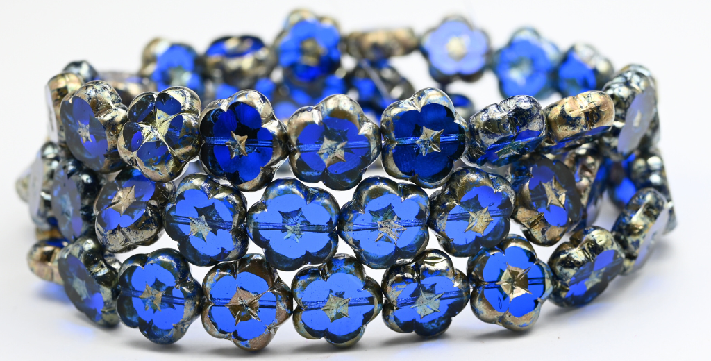 Table Cut Flower Beads, Transparent Blue Rembrandt Travertin (30040-43500), Glass, Czech Republic ~ STRANDED