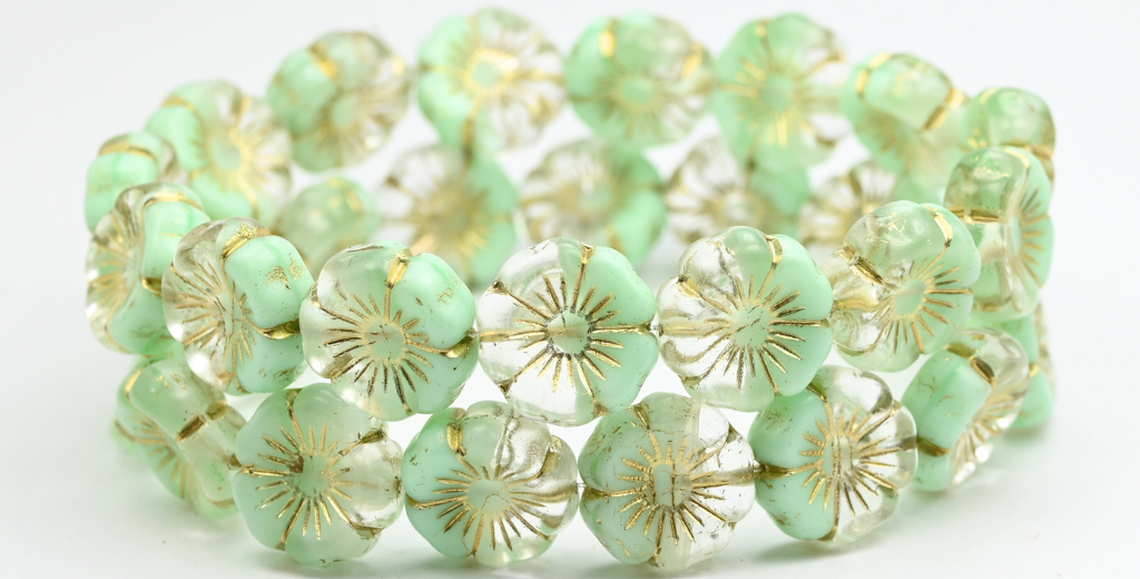 Hawaii Flower Pressed Glass Beads, Teal Gold Lined (56218-54202), Glass, Czech Republic ~ STRANDED