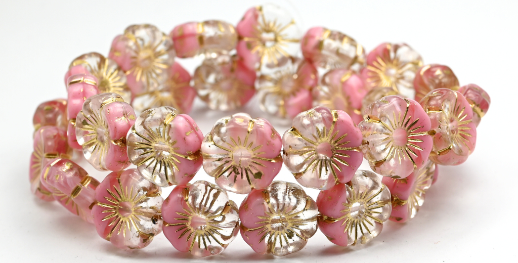 Hawaii Flower Pressed Glass Beads, Opaque Pink Gold Lined (76028-54202), Glass, Czech Republic ~ STRANDED
