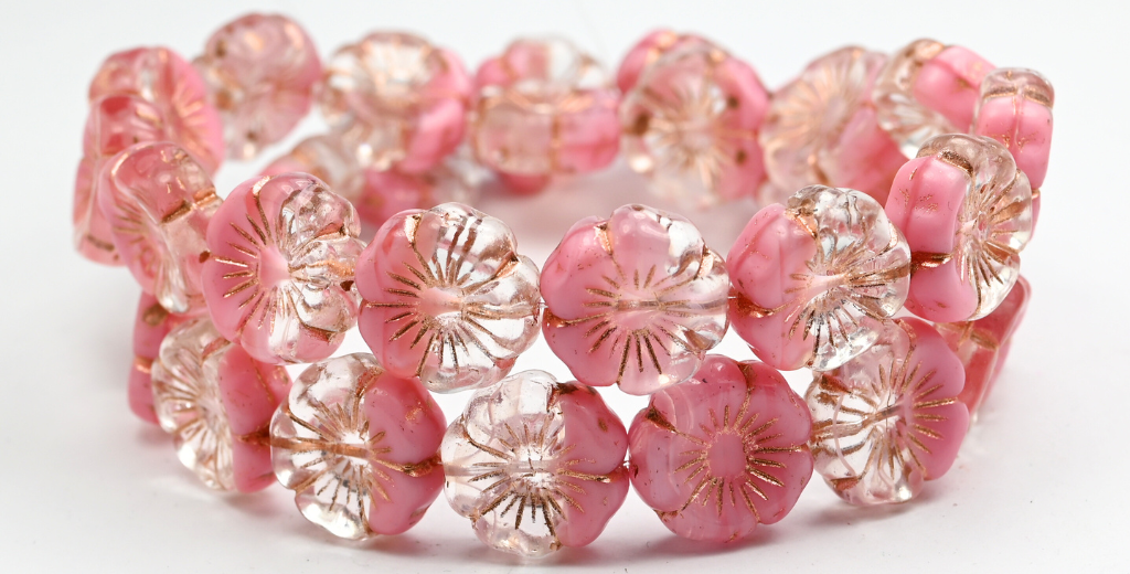 Hawaii Flower Pressed Glass Beads, Opaque Pink Copper Lined (76028-54200), Glass, Czech Republic ~ STRANDED