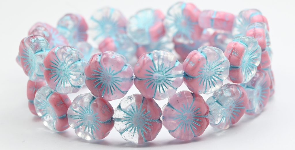 Hawaii Flower Pressed Glass Beads, Opaque Pink Light Blue Lined (76028-54308), Glass, Czech Republic ~ STRANDED