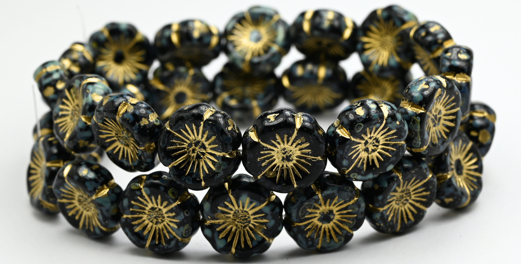 Hawaii Flower Pressed Glass Beads, Black Travertin Gold Lined (23980-86-54202), Glass, Czech Republic ~ STRANDED