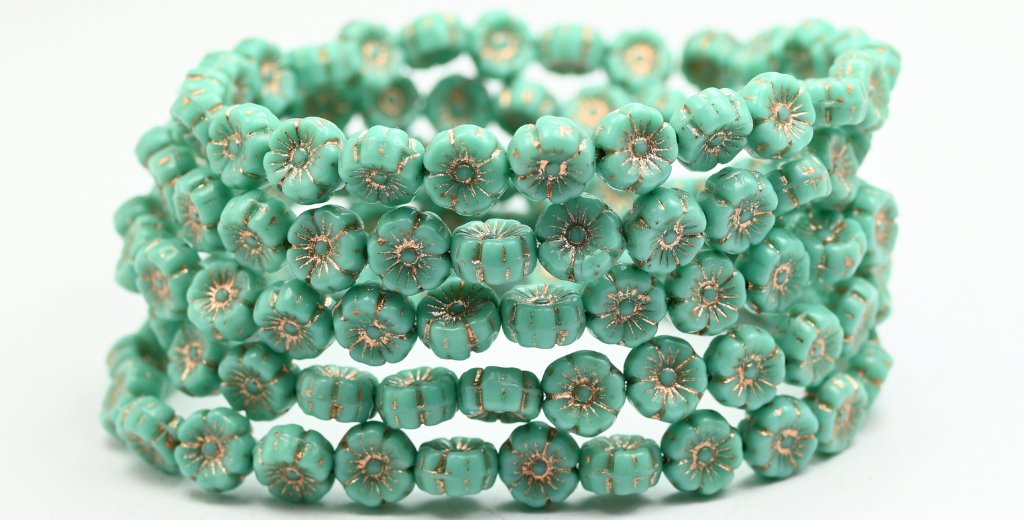 Hawaii Flower Pressed Glass Beads, Turquise Copper Lined (63140-54200), Glass, Czech Republic ~ STRANDED