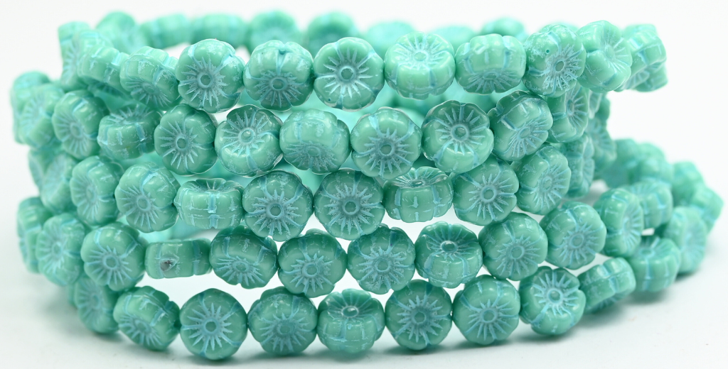 夏威夷花压制玻璃珠，绿松石色浅蓝色内衬 (63140-54308)，玻璃，捷克共和国 ~ STRANDED