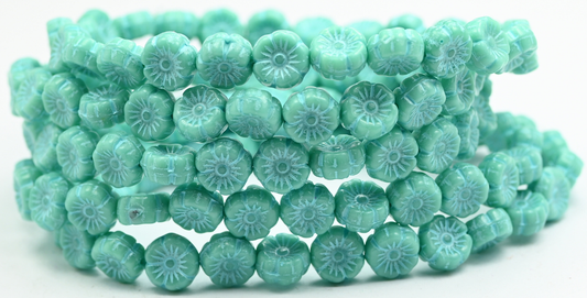 Hawaii Flower Pressed Glass Beads, Turquise Light Blue Lined (63140-54308), Glass, Czech Republic ~ STRANDED