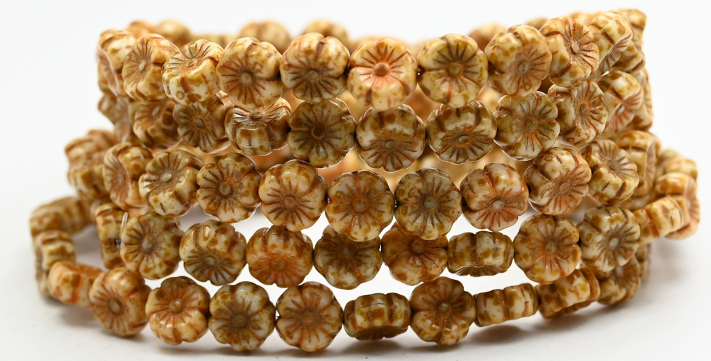 夏威夷花压制玻璃珠，白色洞石 46489 (02010-86-46489)，玻璃，捷克共和国 ~ STRANDED
