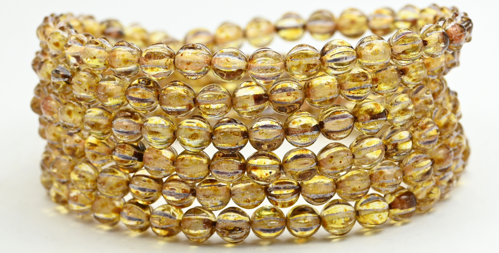 Melon Round Pressed Glass Beads With Stripes, Crystal Travertin White Lined White Lined (6-00030-86-46401-54312), Glass, Czech Republic ~ STRANDED