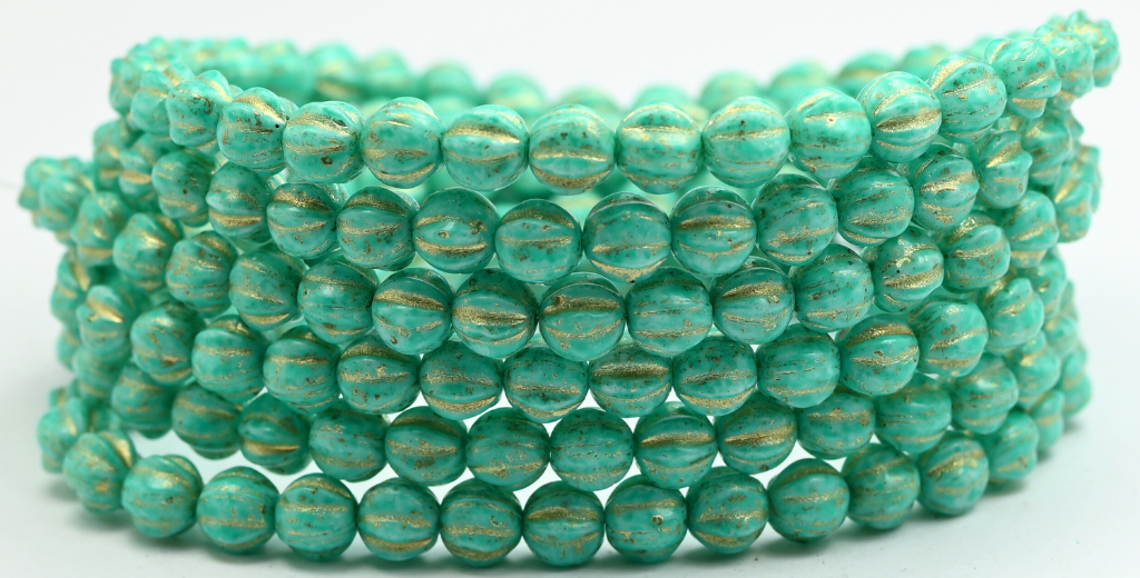 Melon Round Pressed Glass Beads With Stripes, White Turqouise Spotted Gold Lined (6-02010-33310-54202), Glass, Czech Republic ~ STRANDED