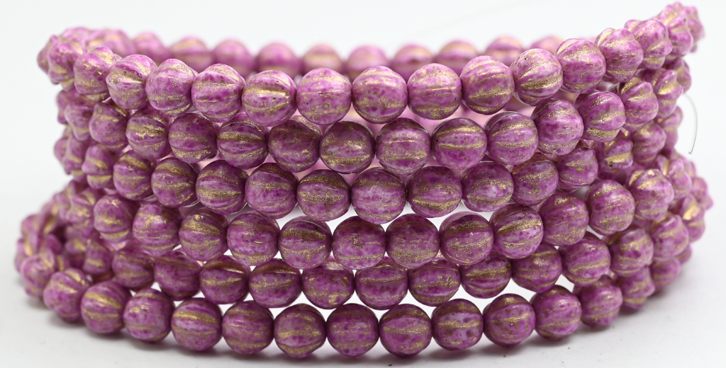 Melon Round Pressed Glass Beads With Stripes, White Pink Spotted Gold Lined (6-02010-33306-54202), Glass, Czech Republic ~ STRANDED