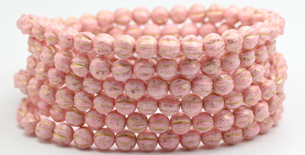 Melon Round Pressed Glass Beads With Stripes, White Warm Purple Spotted Gold Lined (02010-33304-54202), Glass, Czech Republic ~ STRANDED