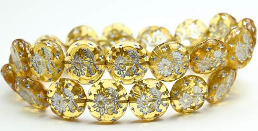 Round Flat With Flower Marguerite Pressed Glass Beads, Transparent Light Topaz Yellow Silver Lined (10020-54201), Glass, Czech Republic ~ STRANDED