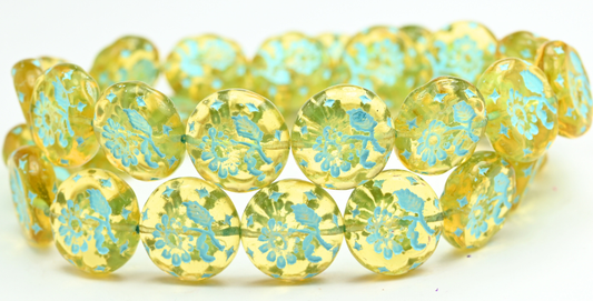 Round Flat With Flower Marguerite Pressed Glass Beads, Transparent Light Topaz Yellow Light Blue Lined (10020-54308), Glass, Czech Republic ~ STRANDED