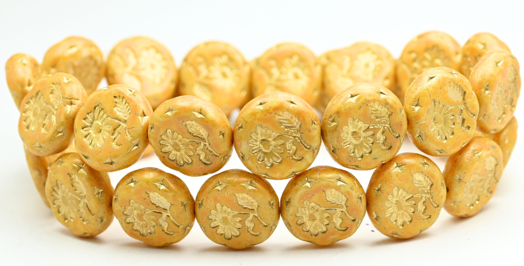 Round Flat With Flower Marguerite Pressed Glass Beads, White 43602 Lava Glass Gold Lined (02010-43602-LAVA-GLASS-54202), Glass, Czech Republic ~ STRANDED