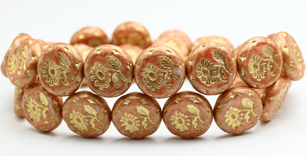 Round Flat With Flower Marguerite Pressed Glass Beads, White 43621 Lava Glass Gold Lined (02010-43621-LAVA-GLASS-54202), Glass, Czech Republic ~ STRANDED