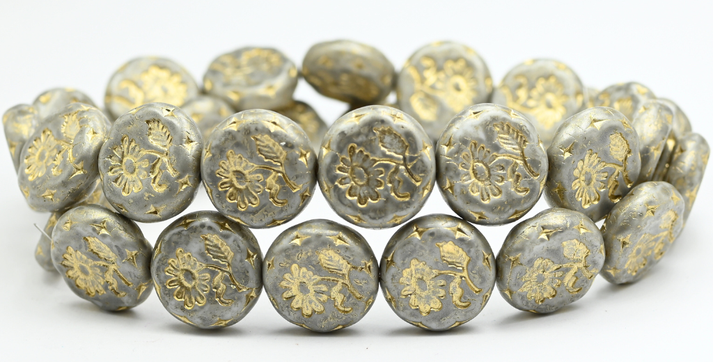 OUTLET 10 grams Round Flat With Flower Marguerite Pressed Glass Beads, 18 x 18 mm, White 43623 (02010-43623-), Glass, Czech Republic